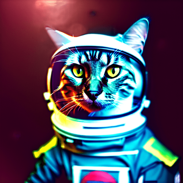 Photograph of a cat astronaut in a space suit. hard rim lighting