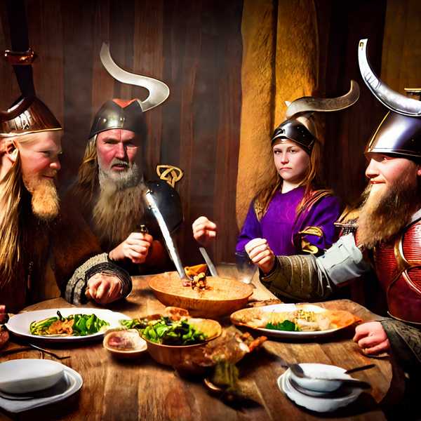 DSLR photo of a (viking warrior:1.3) family dining at the table. the room is dimly lit, hyperrealistic, hdr, intricate detailed clothes, (detailed faces:1.5), 4k resolution. period movie style shot. f/2.8, 50mm lens focused on faces