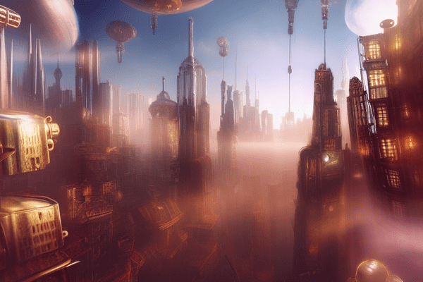 A surreal wide angle cinematic shot of a steampunk cityscape with towering metallic buildings, and floating objects, creating a dreamlike and disorienting atmosphere.Steps: 20, Sampler: Euler a, CFG scale: 7, Seed: 4016536929, Model: sd-v1-4-full-ema